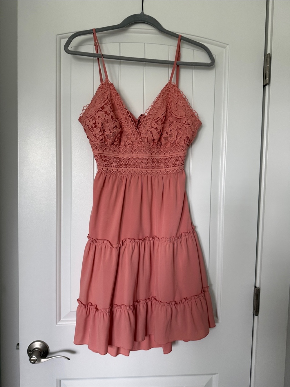 Crochet Bodice Tiered Mini Dress in Coral Pink